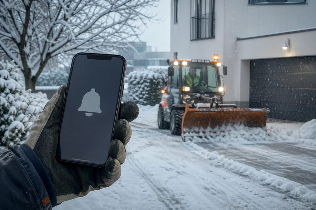 24/7 Winterdienst mit hoher Einsatzbereitschaft: Winterdienstfahrzeug im laufenden Einsatz bei Schneefall an einer Wohnanlage