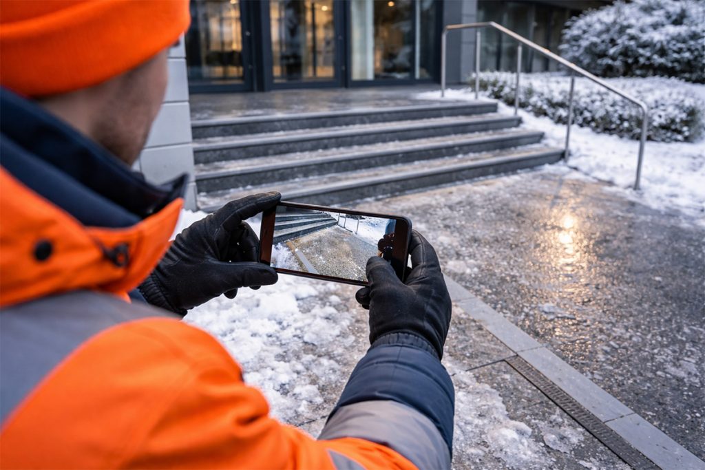 Beweissicherung bei Winterdienst-Unf&auml;llen mit Fotodokumentation an ger&auml;umter Treppen- und Eingangsfl&auml;che vor Gewerbeimmobilie