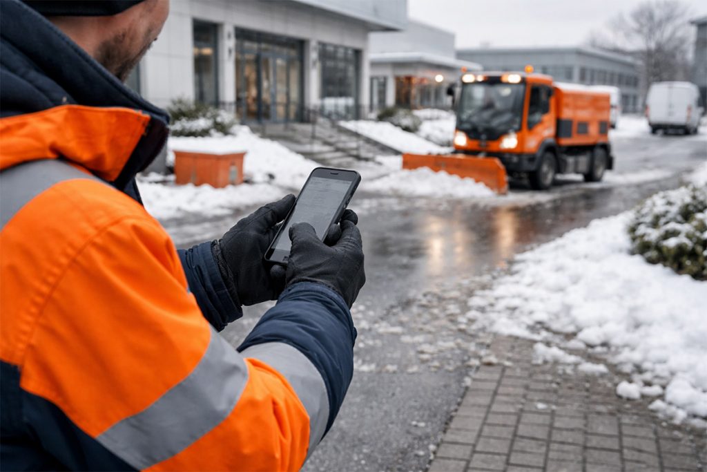 Winterdienst-Mitarbeiter dokumentiert einen Einsatz digital per Smartphone als Nachweis im Facility Management Winterdienst.