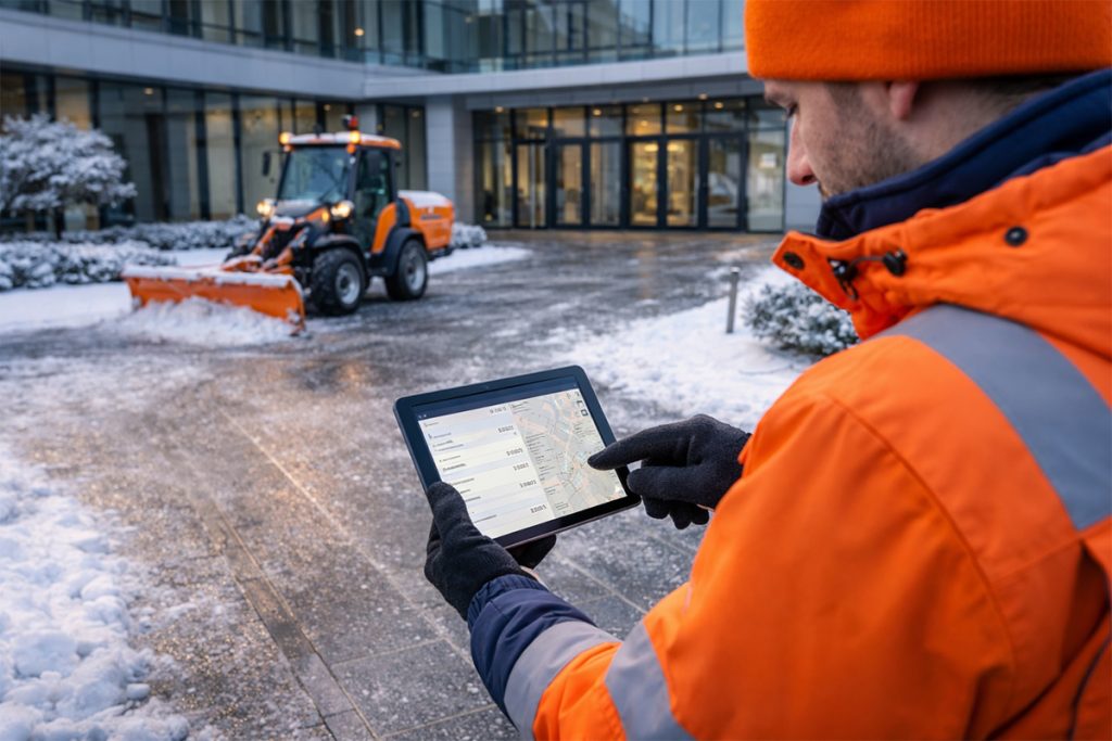 Digitale Winterdienst Dokumentation NRW mit Tablet und orangefarbener R&auml;umtechnik vor moderner Gewerbeimmobilie