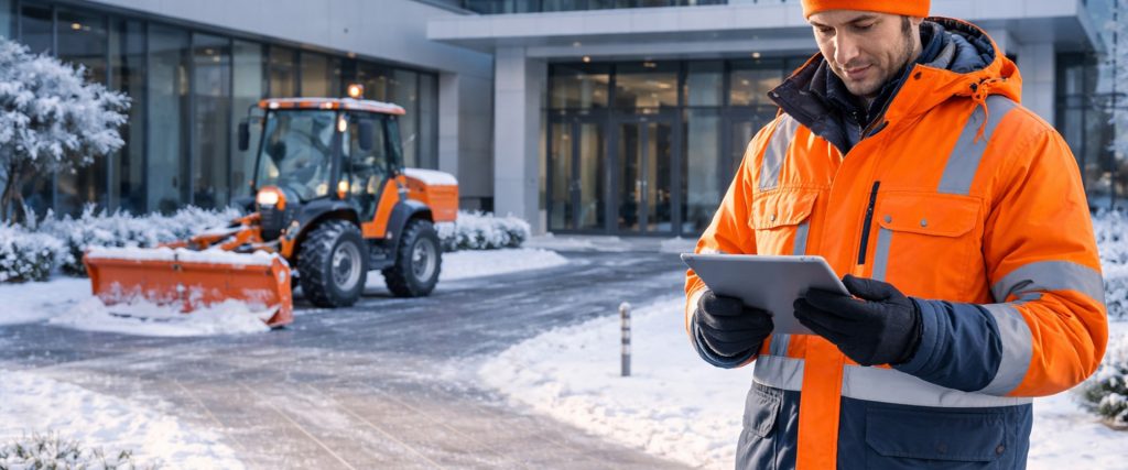 Winterdienst Dokumentation NRW an moderner Gewerbeimmobilie mit digitaler Einsatzdokumentation nach Räum- und Streueinsatz