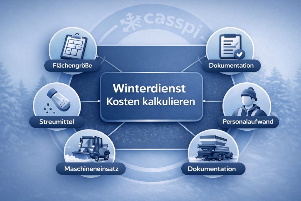 Infografik zur Übersicht „Winterdienst Kosten kalkulieren“ mit Symbolen für Flächengröße, Einsatzhäufigkeit, Maschinen, Streumittel, Personalaufwand und Dokumentation.