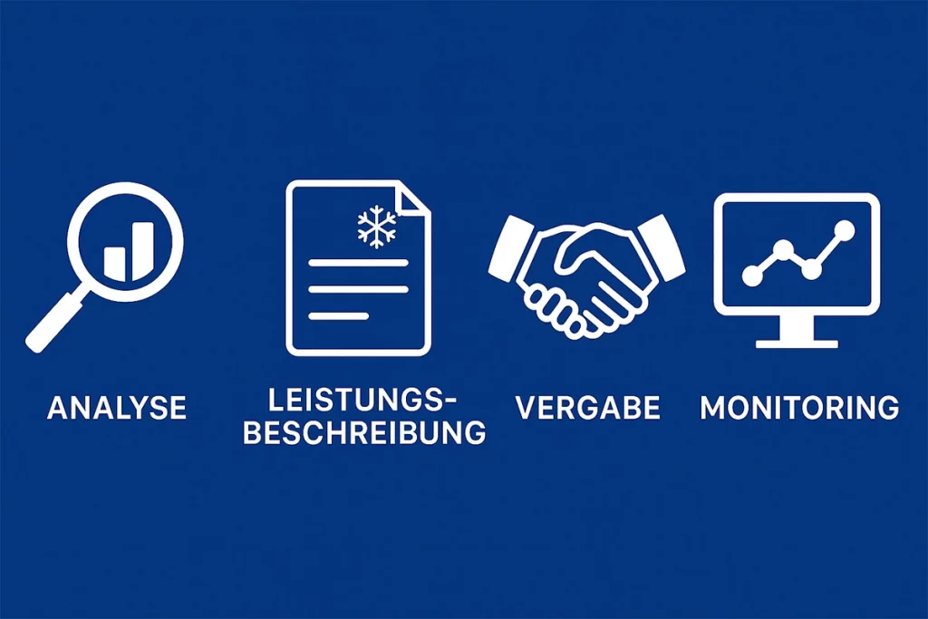 Infografik Winterdienst Ausschreibung NRW – vier Schritte für Kommunen: Analyse, Leistungsbeschreibung, Vergabe und Monitoring in Blau-Weiß