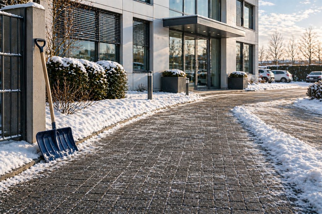 Ger&auml;umter und gestreuter Gehweg vor Firmengeb&auml;ude in NRW mit Schneeschaufel als Symbol f&uuml;r Eigent&uuml;merpflichten im Winterdienst
