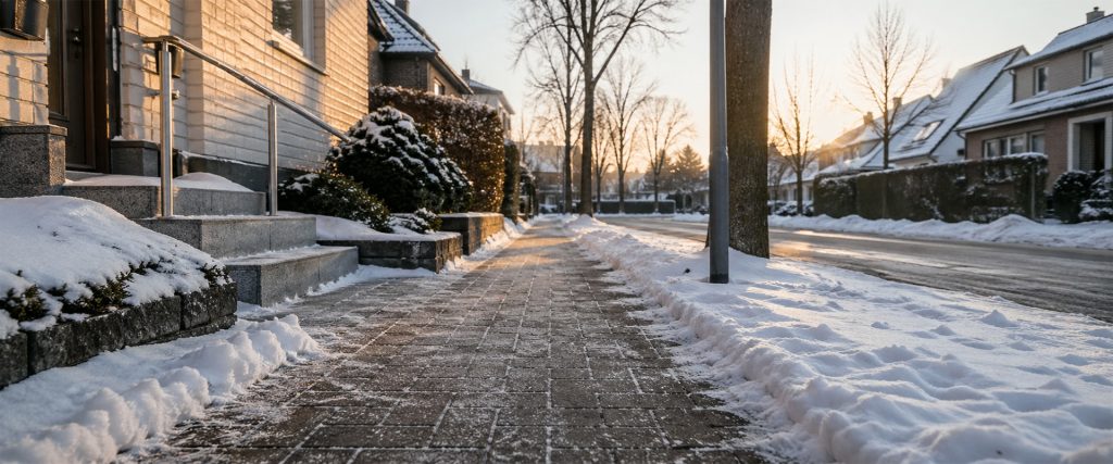 Geräumter und gestreuter Gehweg vor Wohnhaus in NRW im Winter als Beispiel für sichere Räum- und Streupflicht