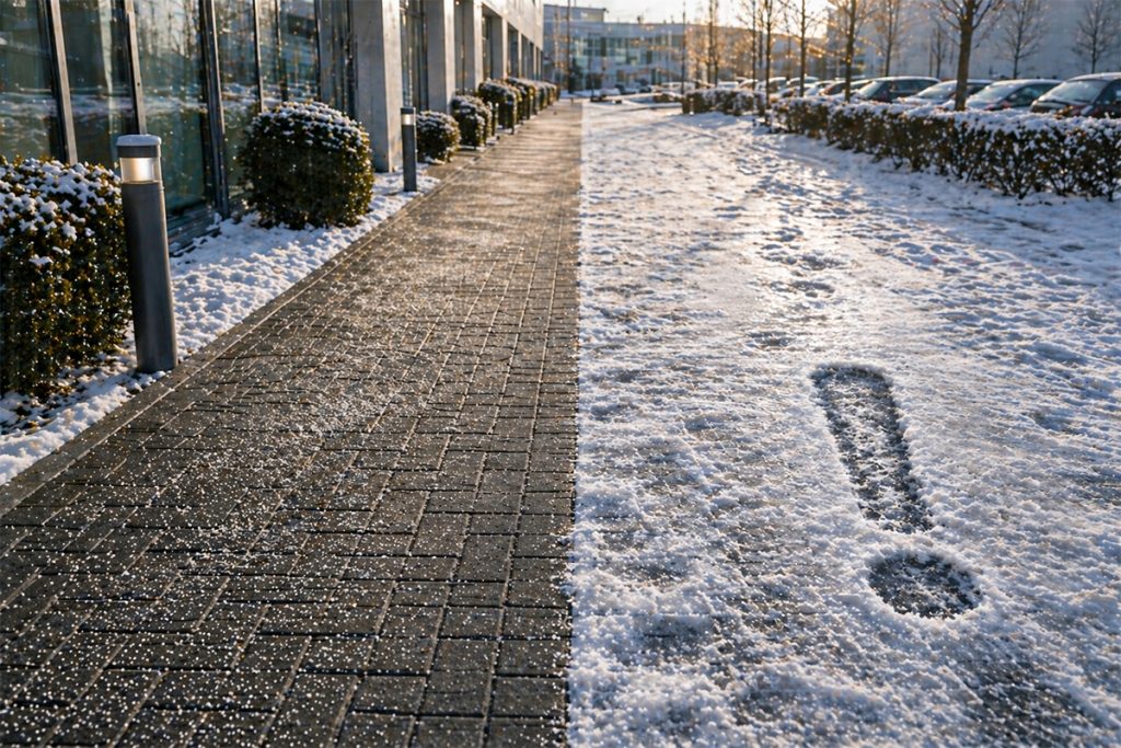 Vergleich zwischen ger&auml;umtem sicheren Gehweg und glattem schneebedecktem Bereich vor Firmengeb&auml;ude in NRW als Symbol f&uuml;r Haftungsrisiken