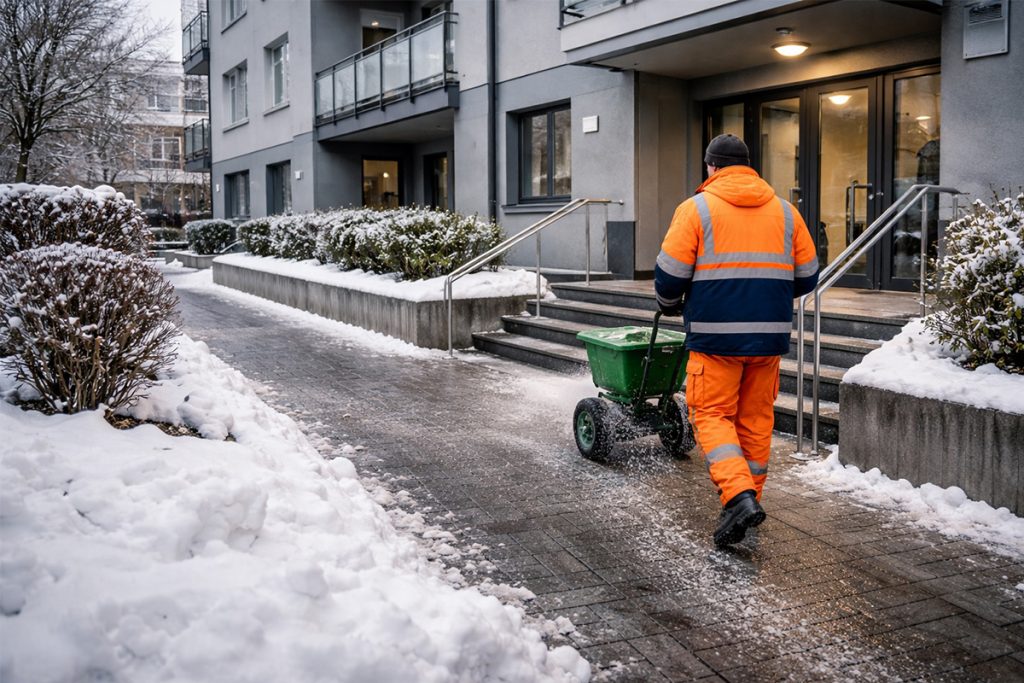 Ger&auml;umter und gestreuter Eingangsbereich einer gemischten Immobilie als Beispiel f&uuml;r Verkehrssicherungspflicht im Winterdienst bei Hausverwaltungen.