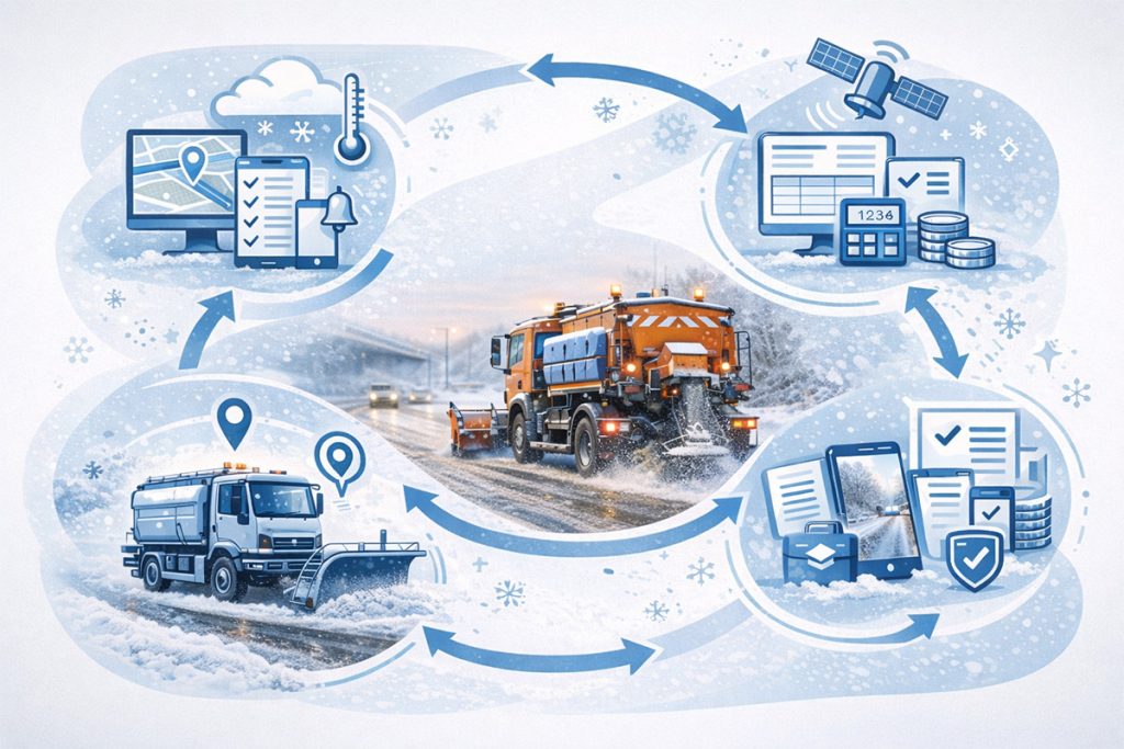 Infografik zum digitalen Winterdienst NRW mit Einsatzplanung, GPS-Tracking, Wetterdaten, Fahrzeugsteuerung, digitaler Dokumentation und Abrechnung im Kreislauf.