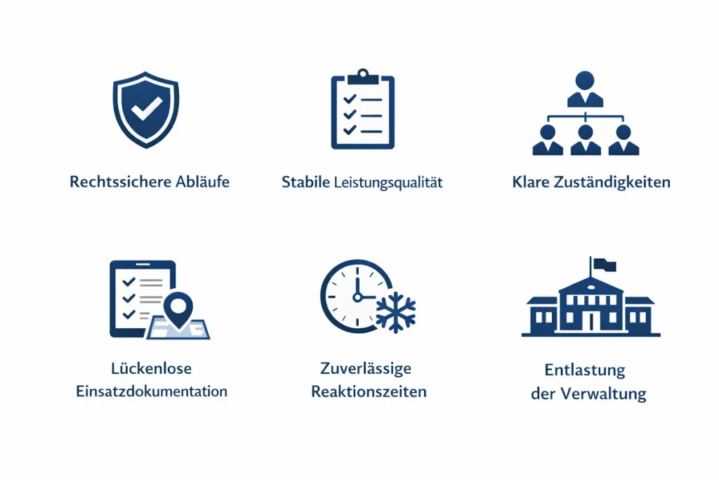 Infografik zeigt die Vorteile eines ISO-zertifizierten Winterdienstes NRW aus Sicht von Kommunen, mit Fokus auf Qualität, Rechtssicherheit und Nachhaltigkeit.