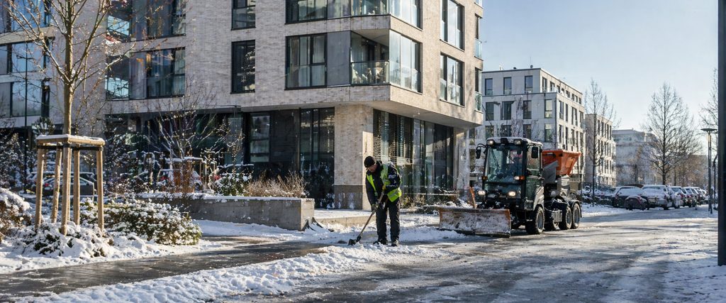 Winterdienst Anbieter im Einsatz vor moderner Wohnanlage mit geräumter Fahrbahn und gesichertem Gehweg im Winter