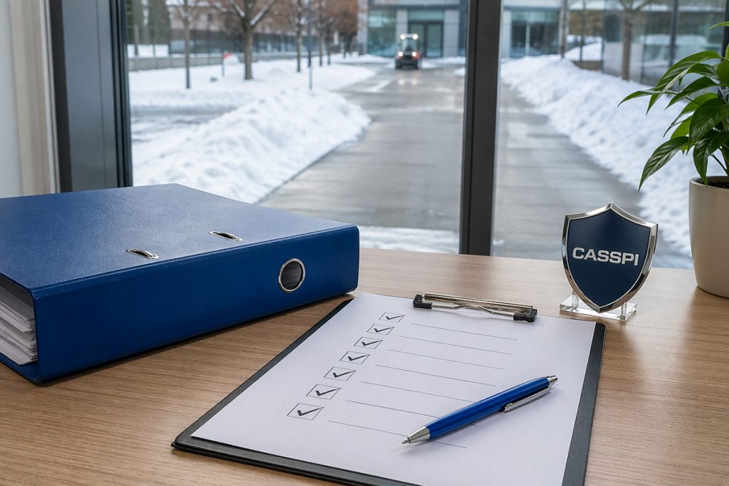 Winterdienst Haftung und Winterdienst Dokumentation mit Checkliste, Ordner und gesichertem Au&szlig;enbereich im Hintergrund