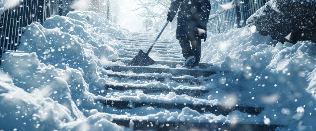 Winterdienst für Hausverwaltungen – professionelle Schneeräumung einer Treppenanlage bei starkem Schneefall zur Erfüllung der Verkehrssicherungspflicht