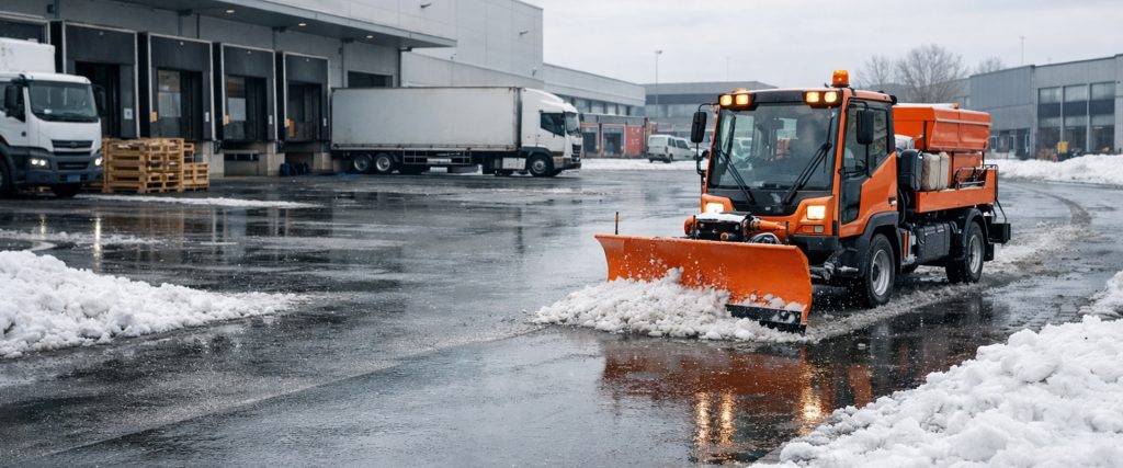 Facility Management Winterdienst an einem Logistikstandort mit geräumter Ladezone, freier Zufahrt und Winterdienstfahrzeug im professionellen Einsatz.