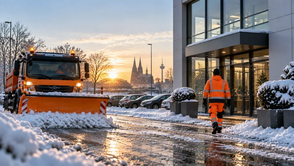 Winterdienst NRW 2026/2027: Räumfahrzeug bei der Schneeräumung auf einem gewerblichen Betriebsgelände in Nordrhein-Westfalen.