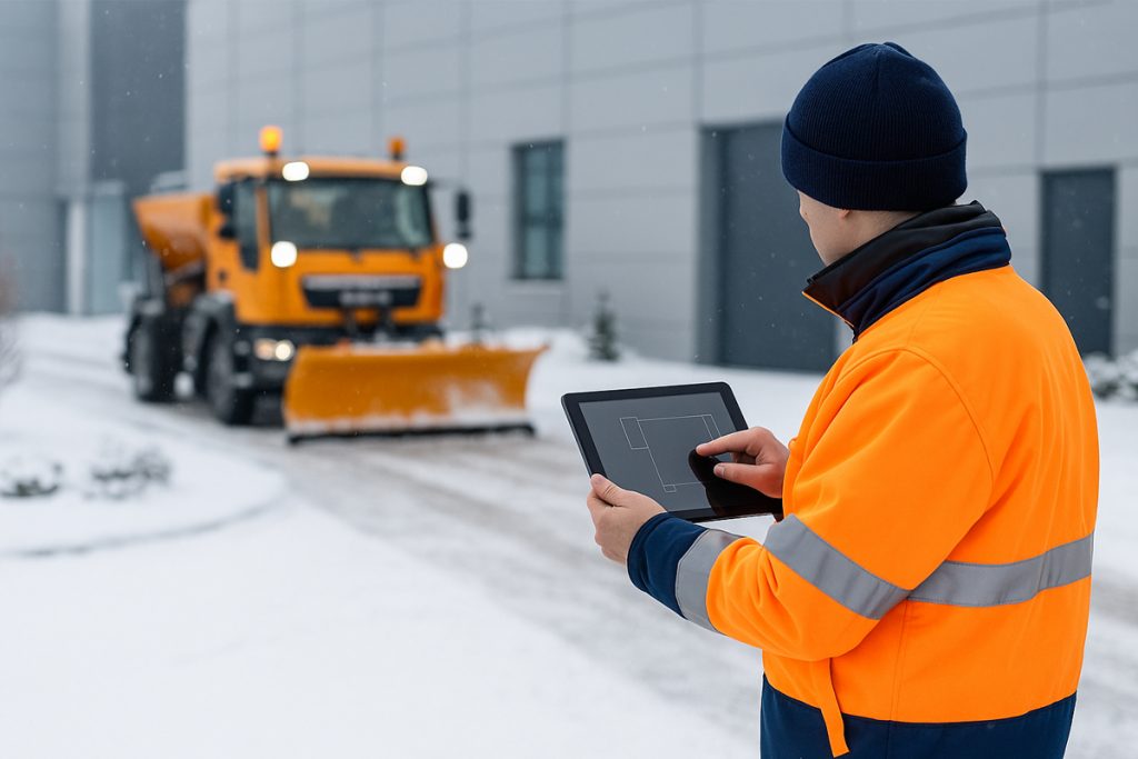Winterdienst-Mitarbeiter in Warnkleidung bei der Flächenplanung
