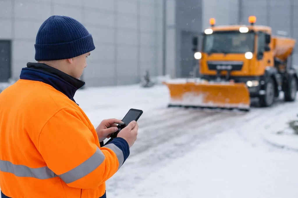 Bild eines Winterdienst-Mitarbeiters bei der Einsatzdokumentation. Fokus auf Qualitätssicherung nach ISO 9001.